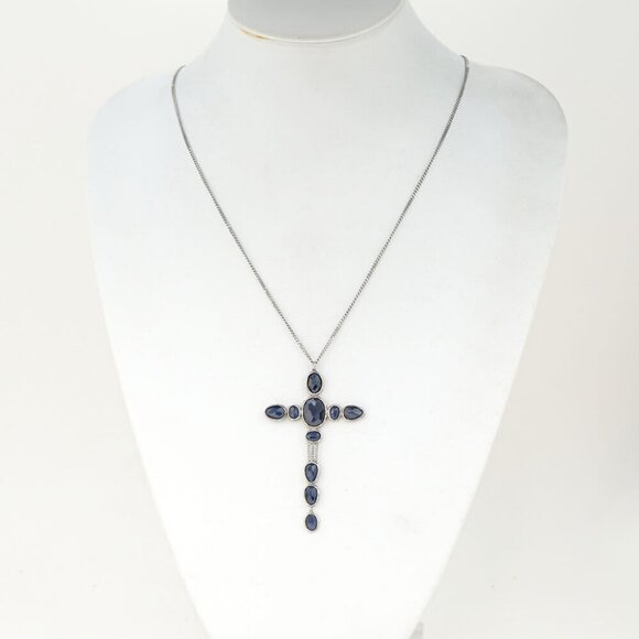 GUCCI blue Stone Cross Necklace 27" Silver 925 Auth w/Box p11061 - Picture 2 of 6